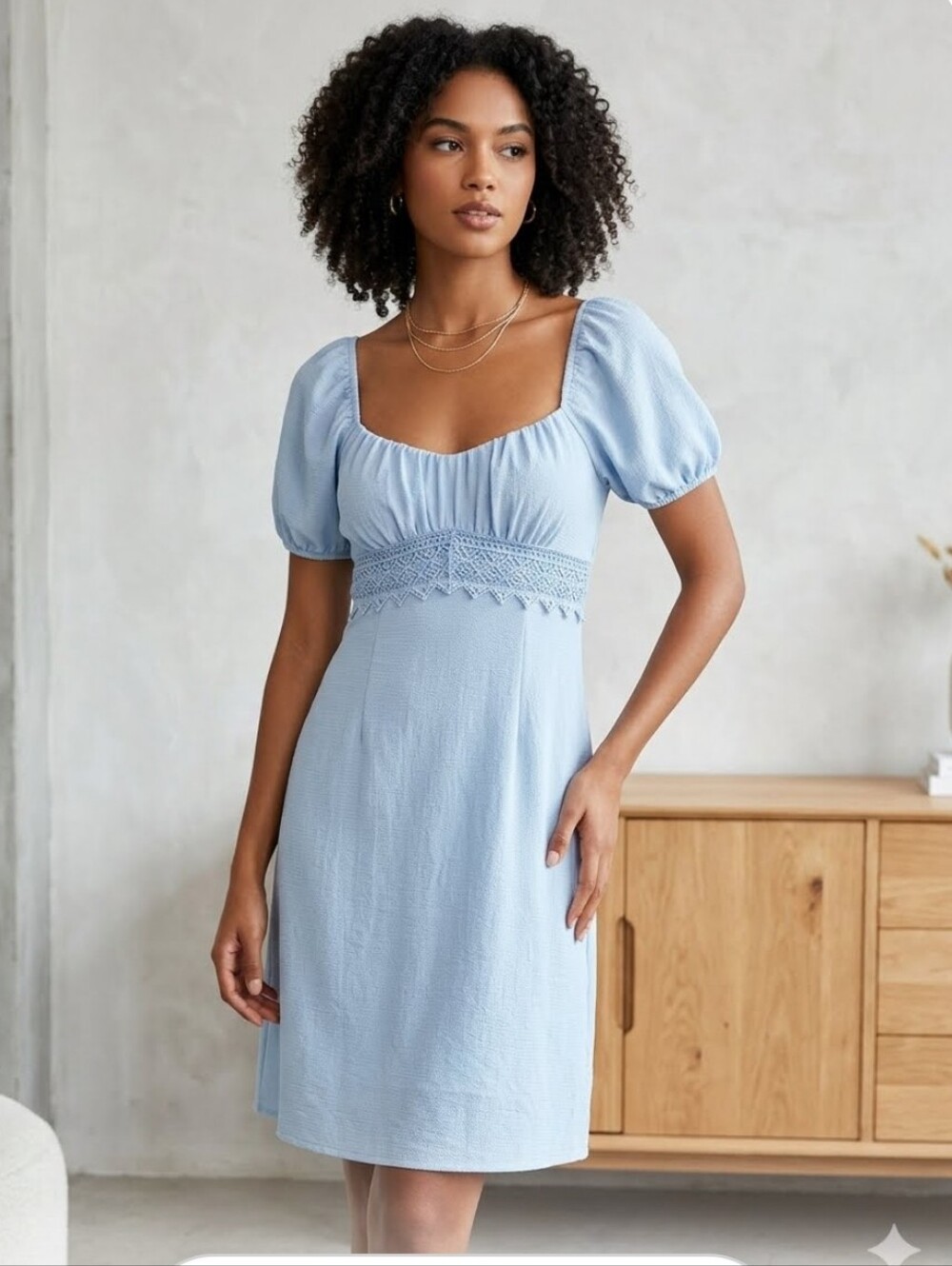 😀Derek Heart - Light Blue Empire Waist Puff Sleeve Mini Dress